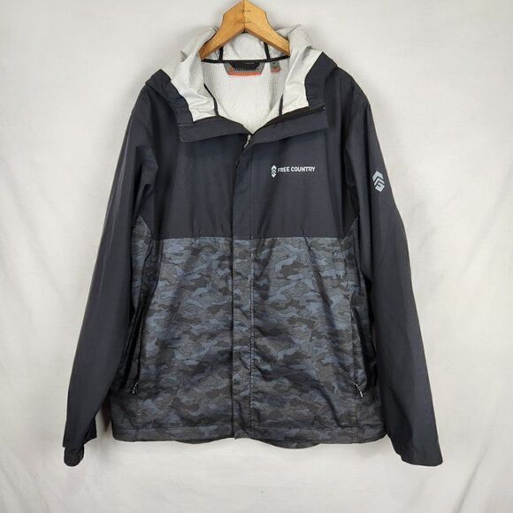 Free Country Mens Jacket Waterproof Shell Medium Black Camo Zip Up Hooded - Picture 1 of 6